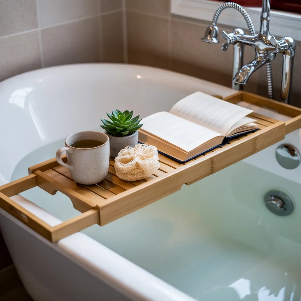 bamboo bath caddy tray freestanding tub wellness bathroom 2026