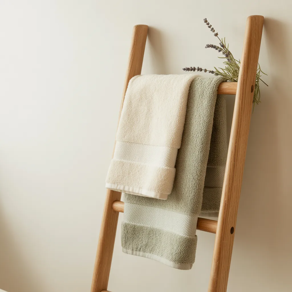 wooden towel ladder neutral towels boutique hotel bathroom decor