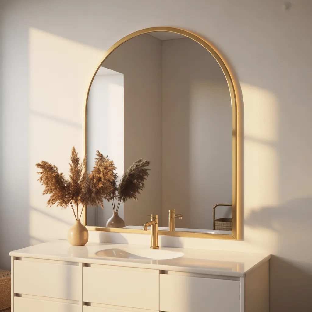 large round gold frame mirror white bathroom vanity elegant decor