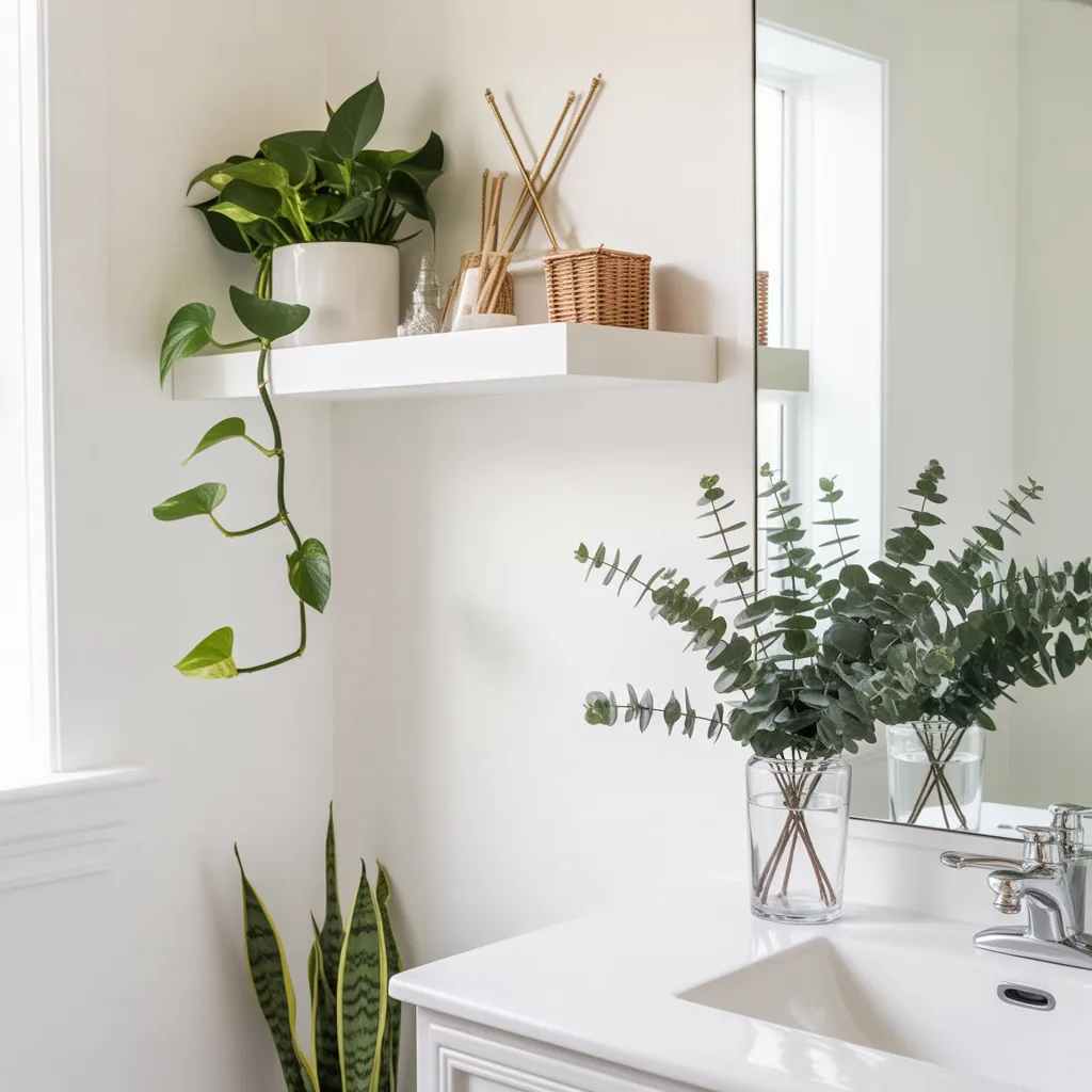 pothos snake plant bathroom shelf spa wellness decor 2026