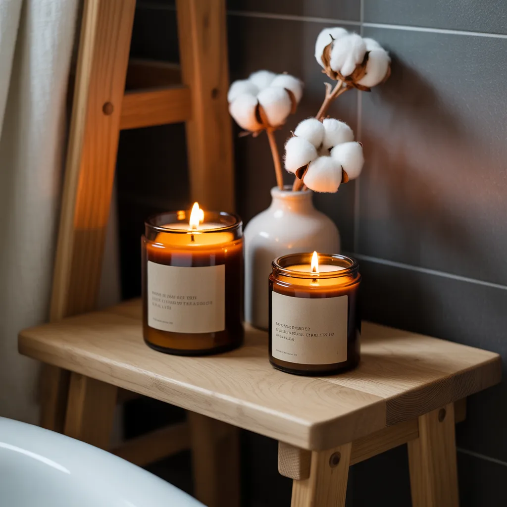 soy candles amber glass jars bathroom shelf cozy spa atmosphere