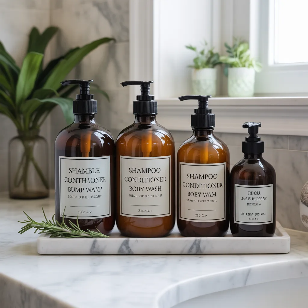 amber glass apothecary bottles bathroom counter luxury spa look