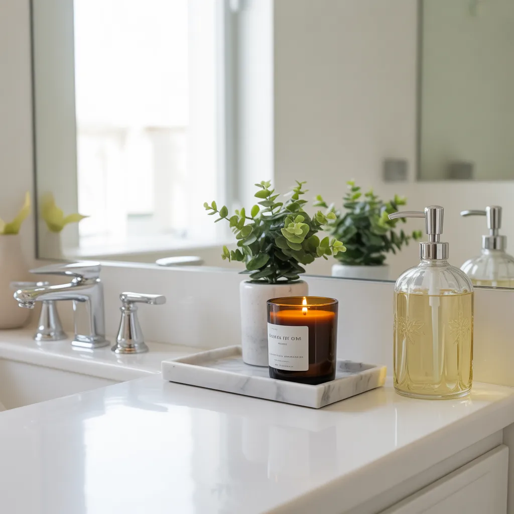 decluttered minimalist bathroom counter clean wellness aesthetic