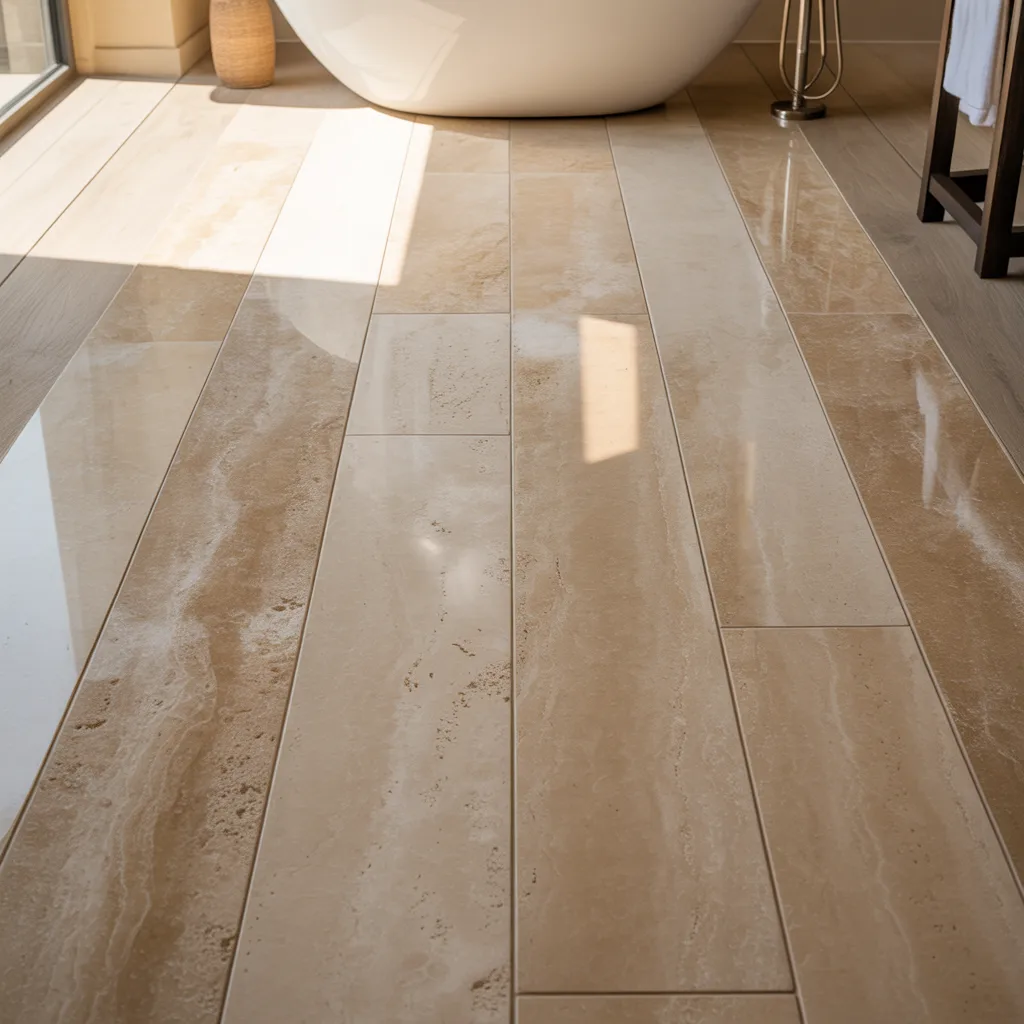 warm travertine stone plank tiles honed finish spa bathroom 2026