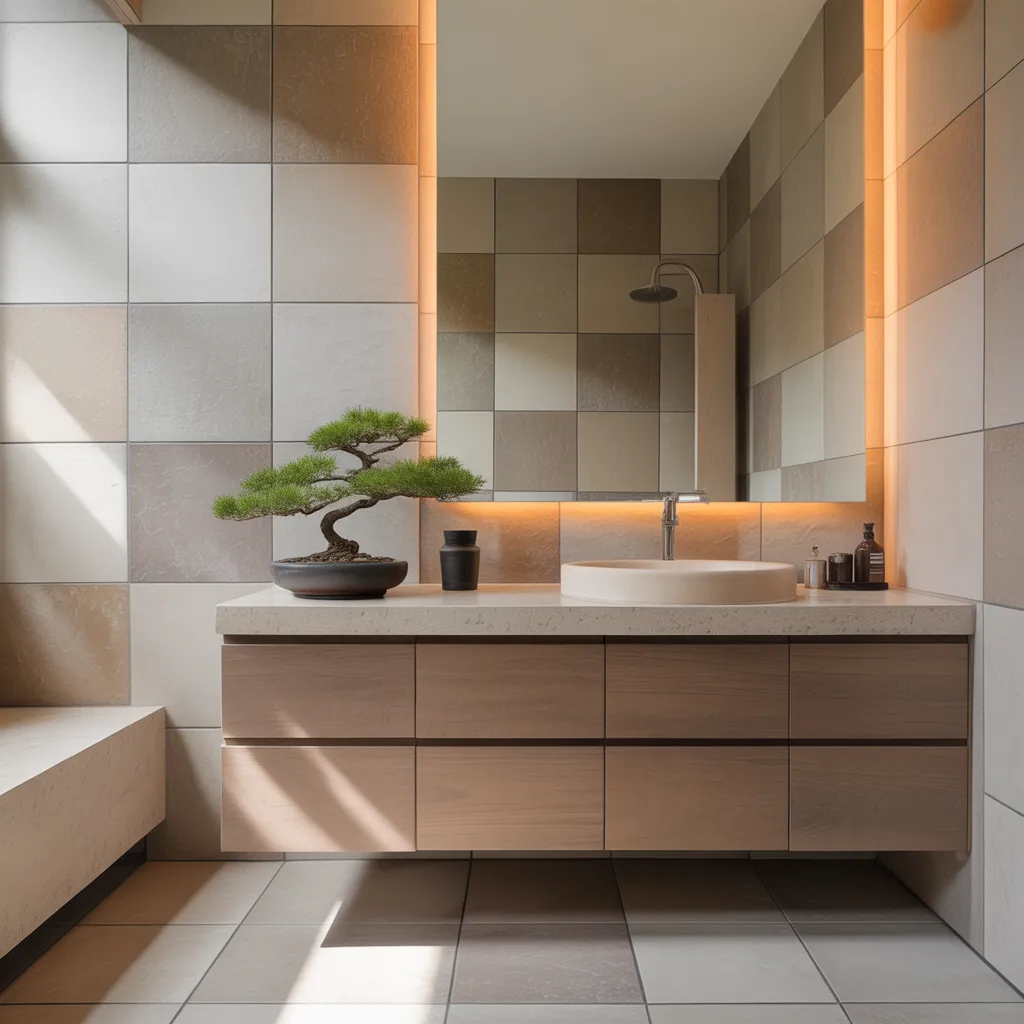 Japandi large format matte ceramic tiles warm sand bathroom 2026