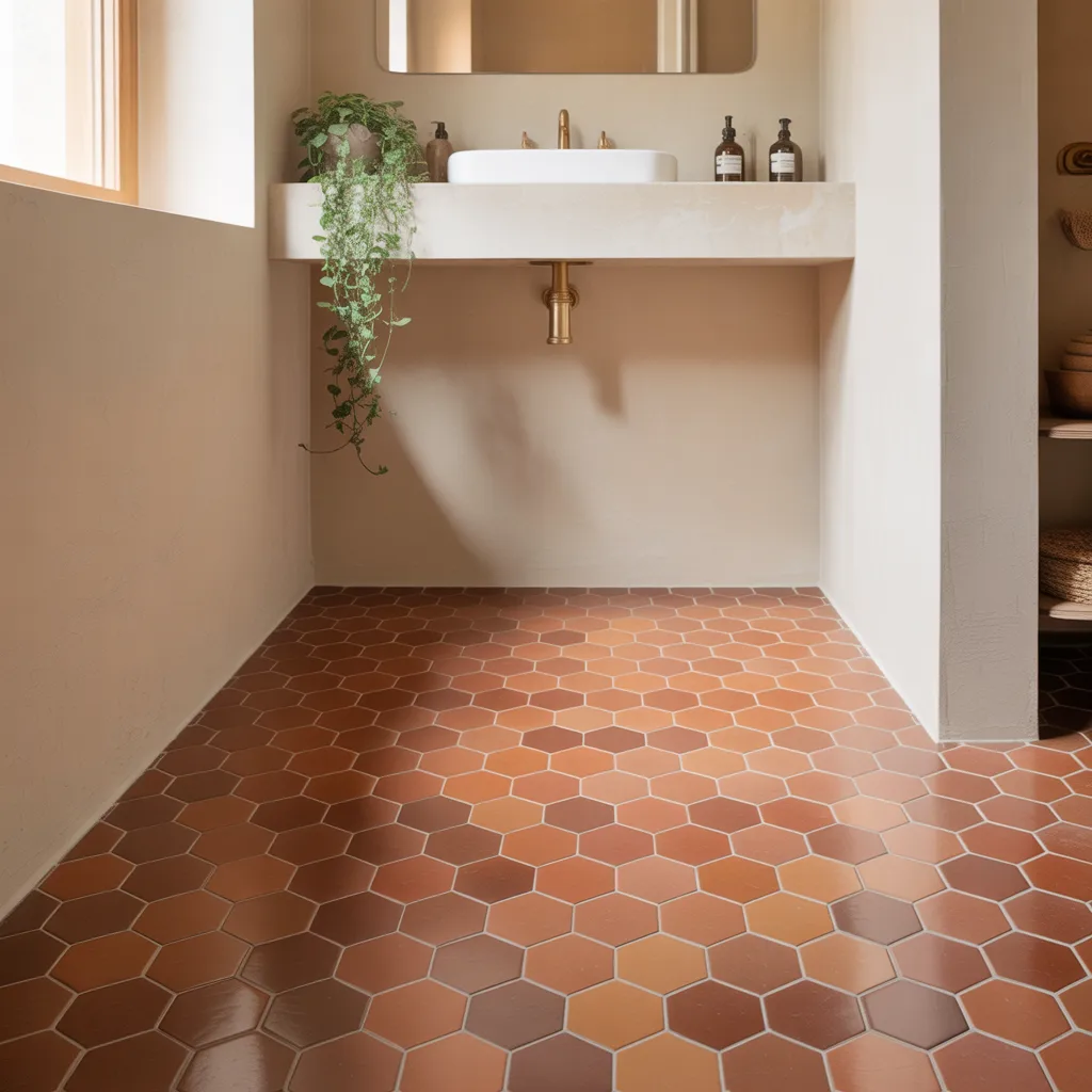warm terracotta hexagonal floor tiles minimalist bathroom 2026