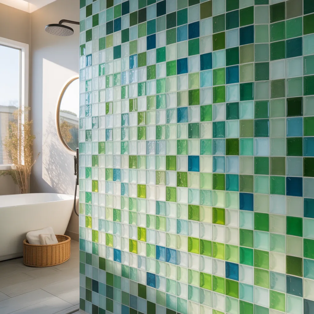 bio glass recycled tiles shower wall eco luxury bathroom 2026