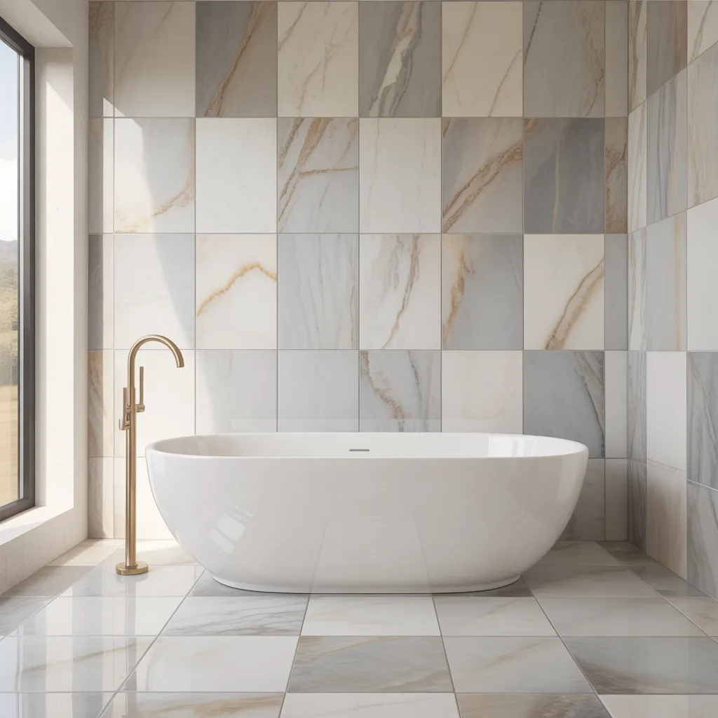 marble look porcelain slab tiles luxury spa bathroom 2026