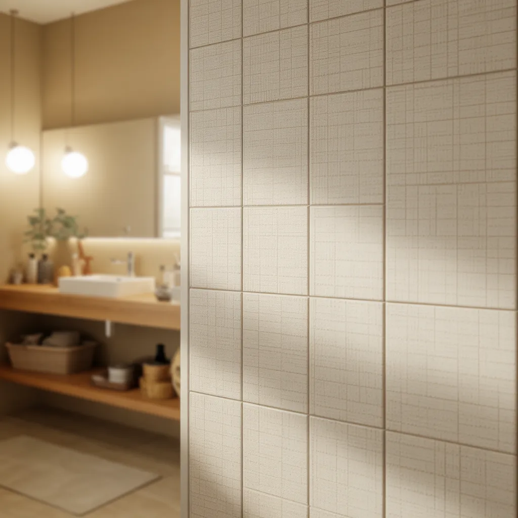 textured linen look porcelain bathroom wall tiles warm oat 2026
