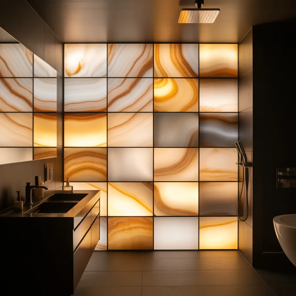 translucent onyx effect porcelain LED backlit bathroom tiles 2026