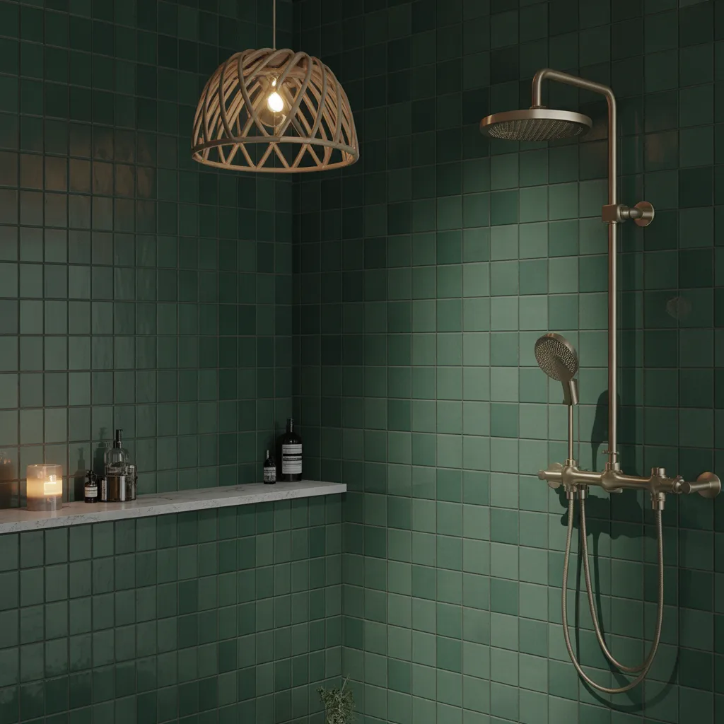 deep emerald midnight blue glazed bathroom tiles wellness 2026