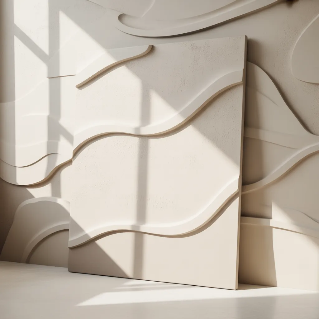 Minimalist DIY textured plaster canvas art on a neutral wall.