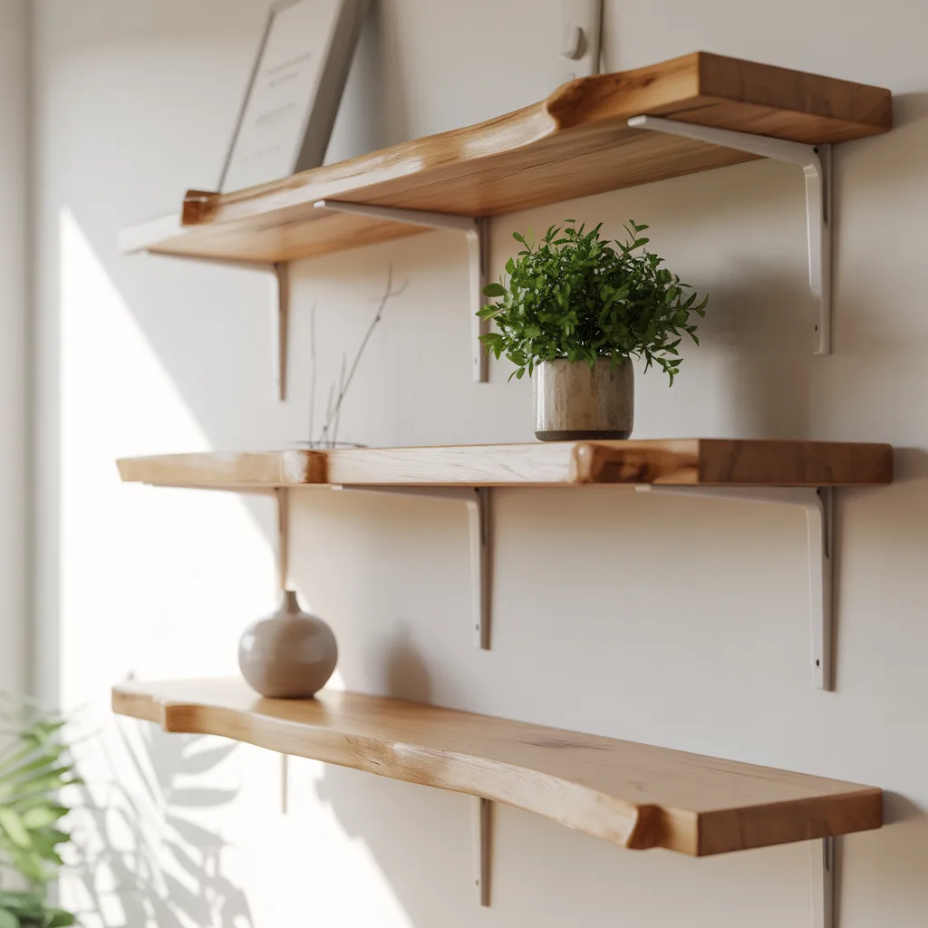 Floating live-edge wooden shelves displaying air-purifying plants and books.