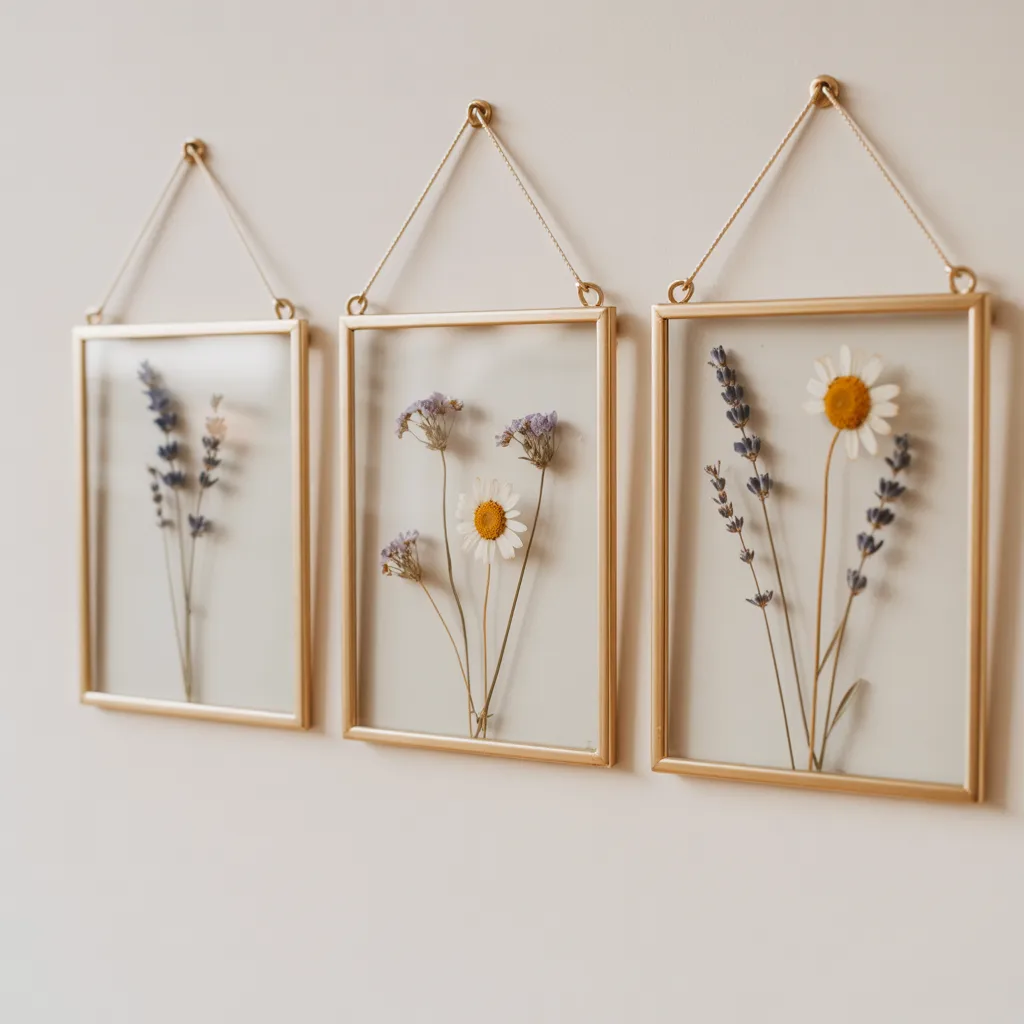 Collection of pressed flowers in minimalist glass frames on a gallery wall.