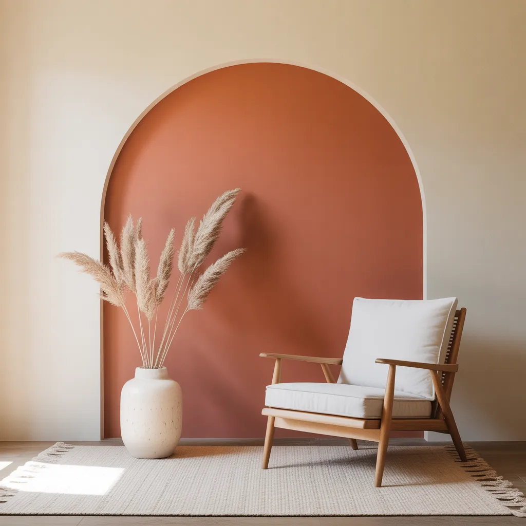 Earthy terracotta painted arched accent wall behind a reading chair.
