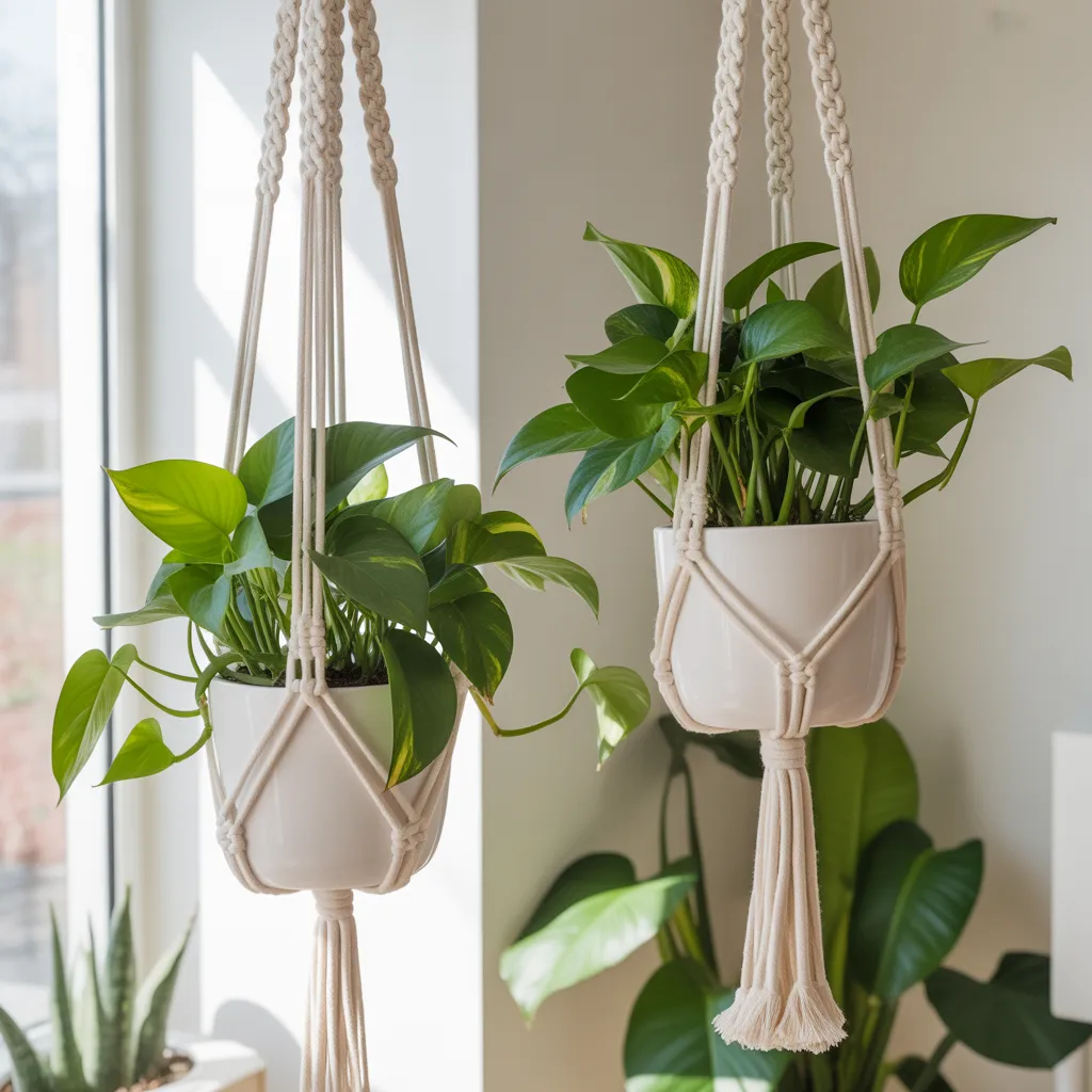 Vertical garden featuring organic cotton macrame plant hangers.