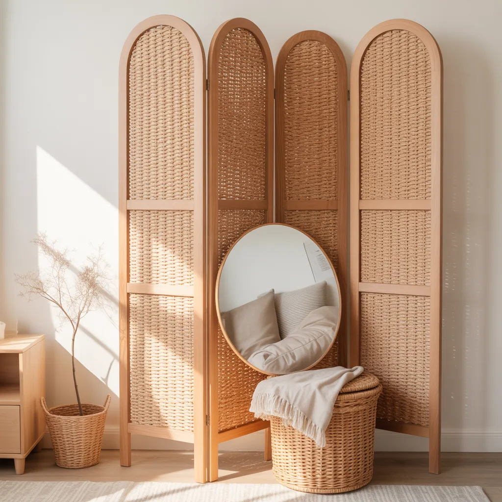 Sustainable woven reed room divider in a Japandi style living room.