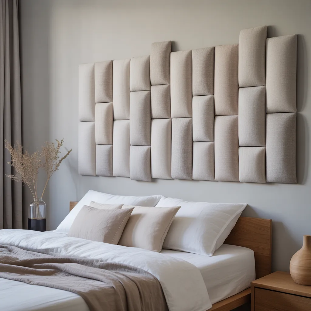 Fabric-wrapped acoustic wall panels in organic linen for sound dampening.