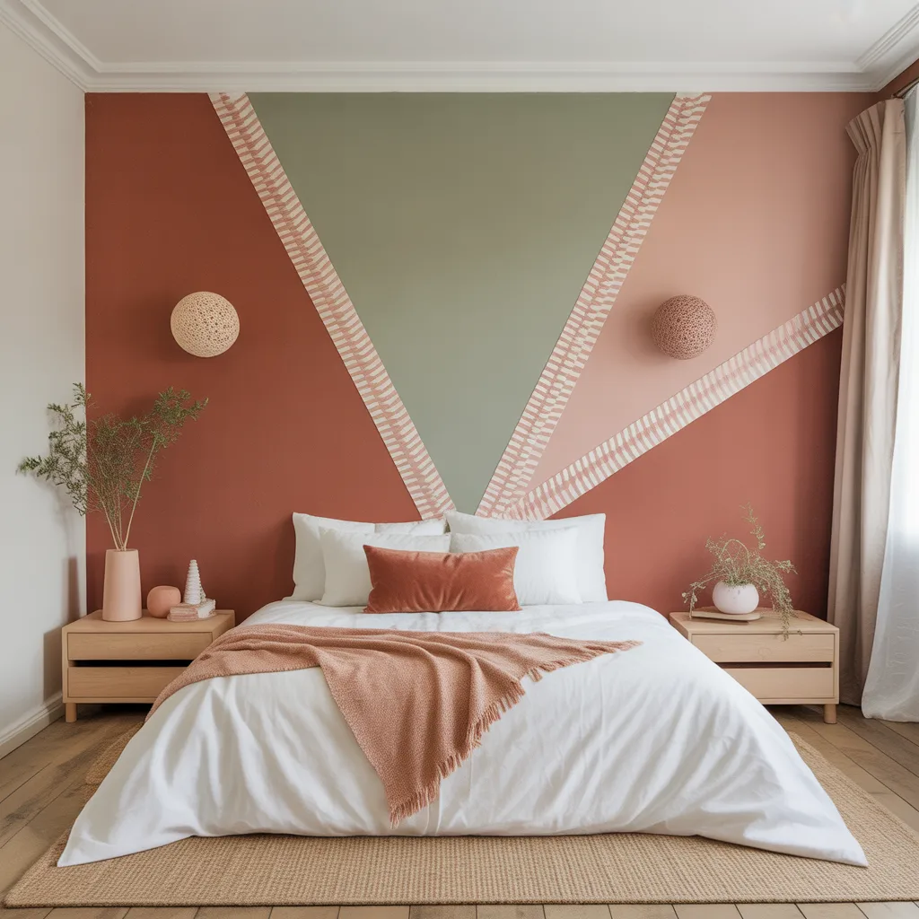 Geometric diamond pattern washi tape accent wall in sage green.