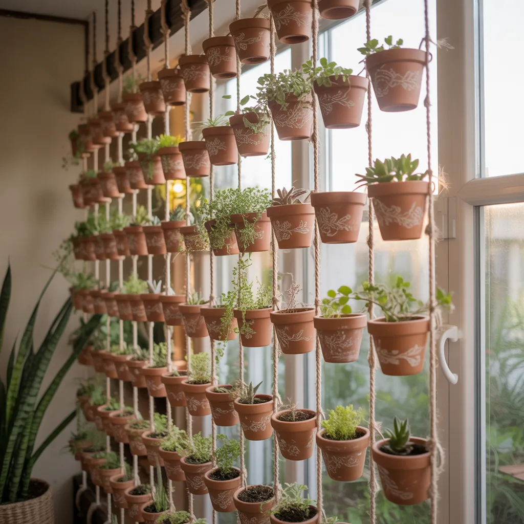 Hanging terracotta clay pot planter curtain in a sunny window.