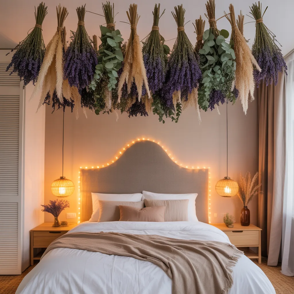 Lavender and eucalyptus dried botanical installation hanging from a ceiling.