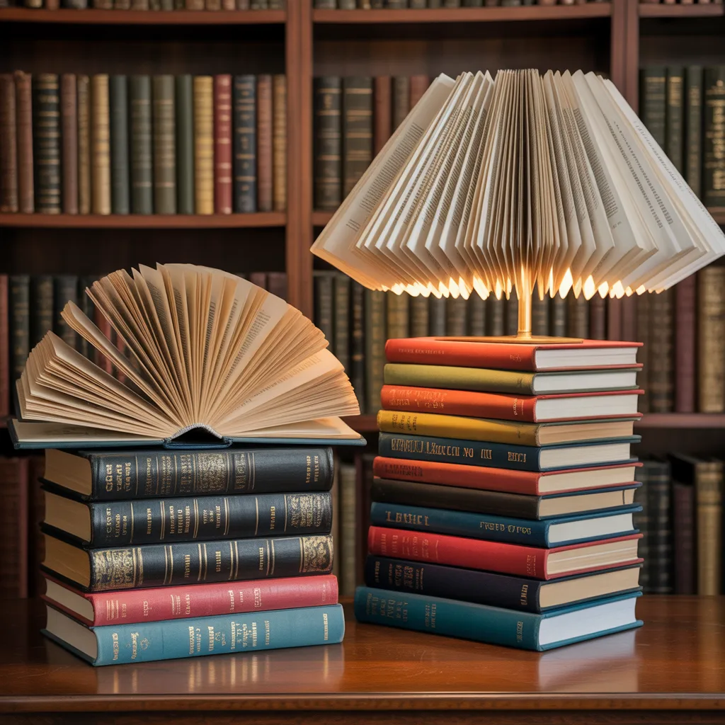 Upcycled vintage book decor and book art sculpture on a side table.
