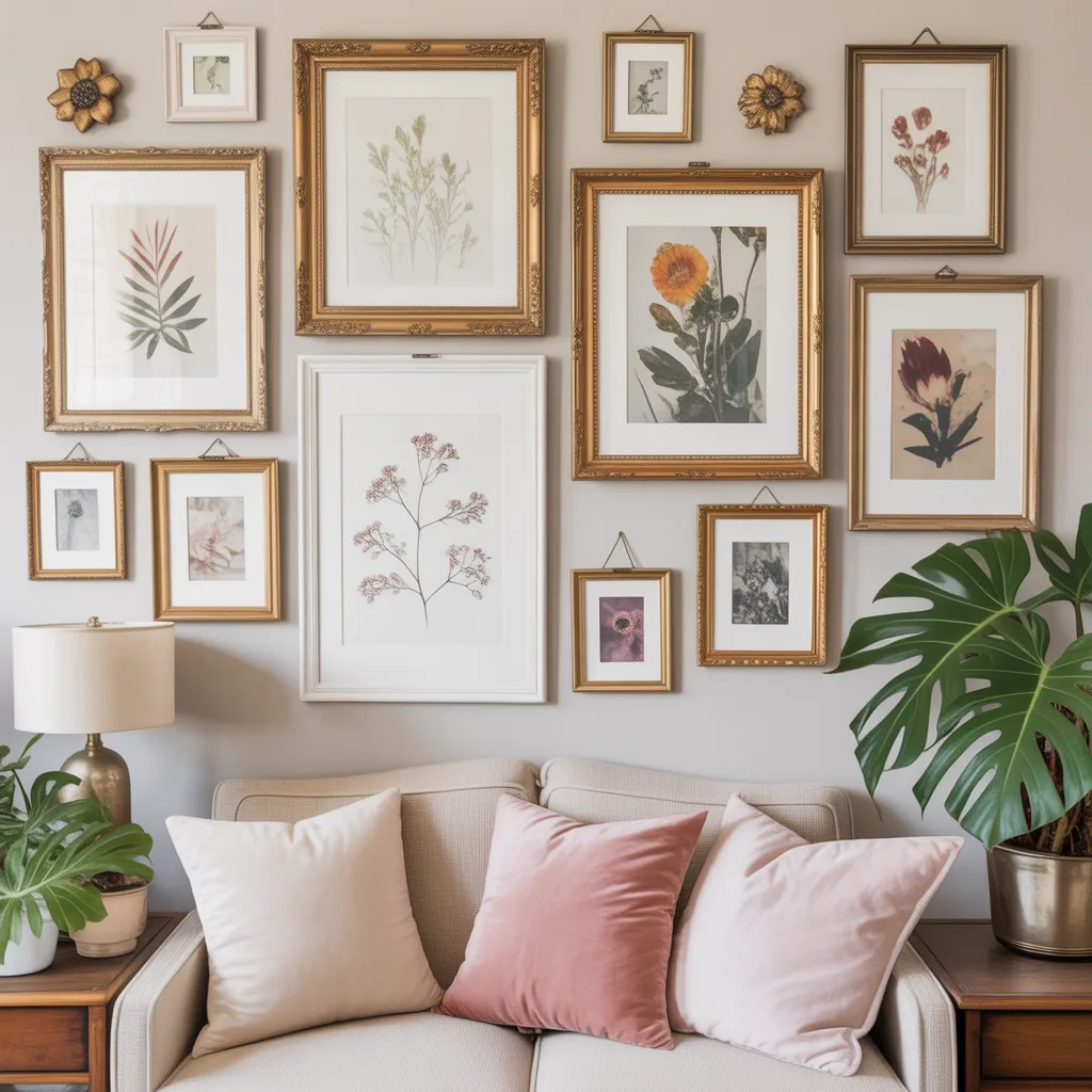 Eclectic gallery wall using thrifted vintage frames and botanical art.