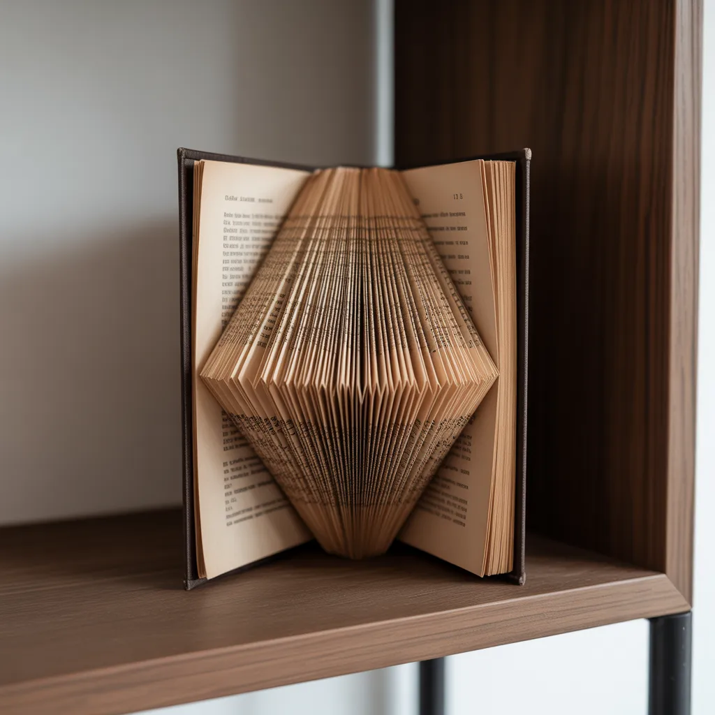 Geometric book folding sculpture made from a vintage hardcover book"
