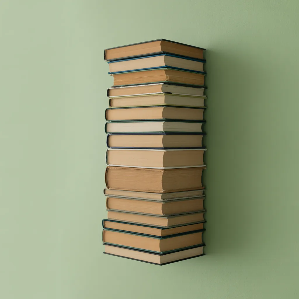 Invisible floating book stack shelf on a white wall