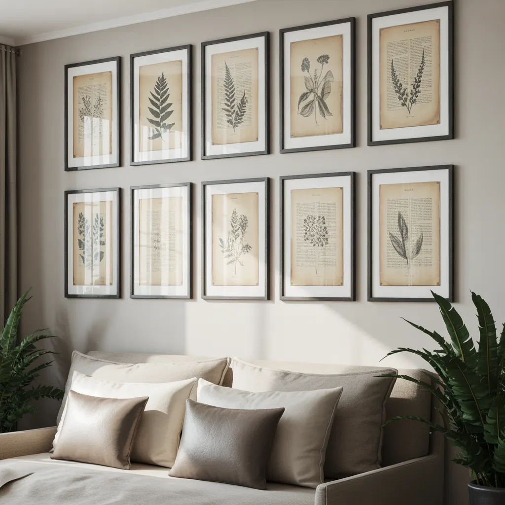 Framed vintage book pages with botanical illustrations on a gallery wall