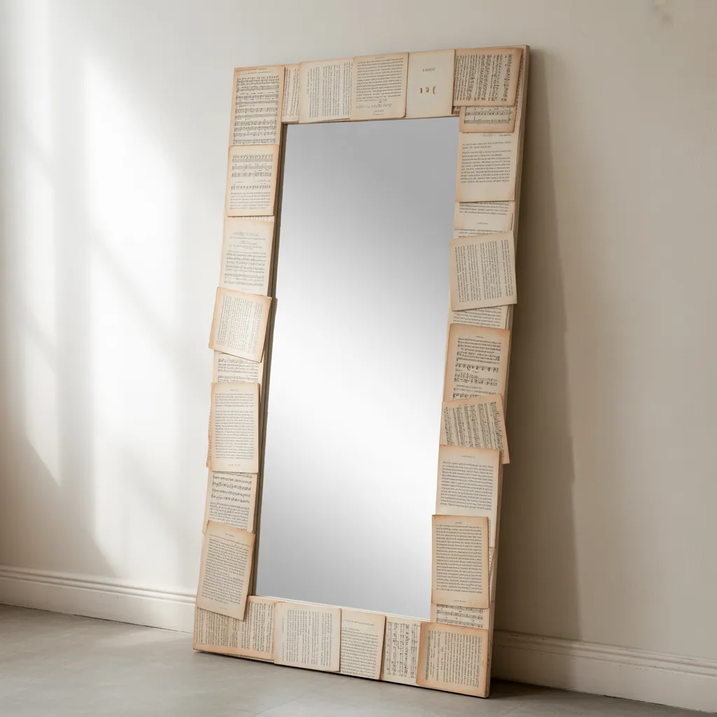 Floor mirror frame decorated with vintage book pages and sheet music