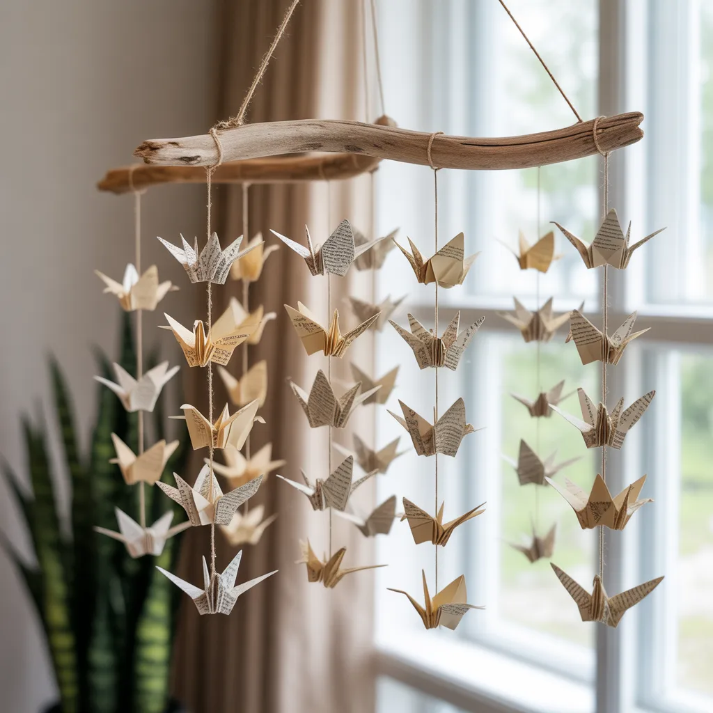 Delicate origami cranes folded from aged book pages suspended from natural driftwood near a sunlit window.