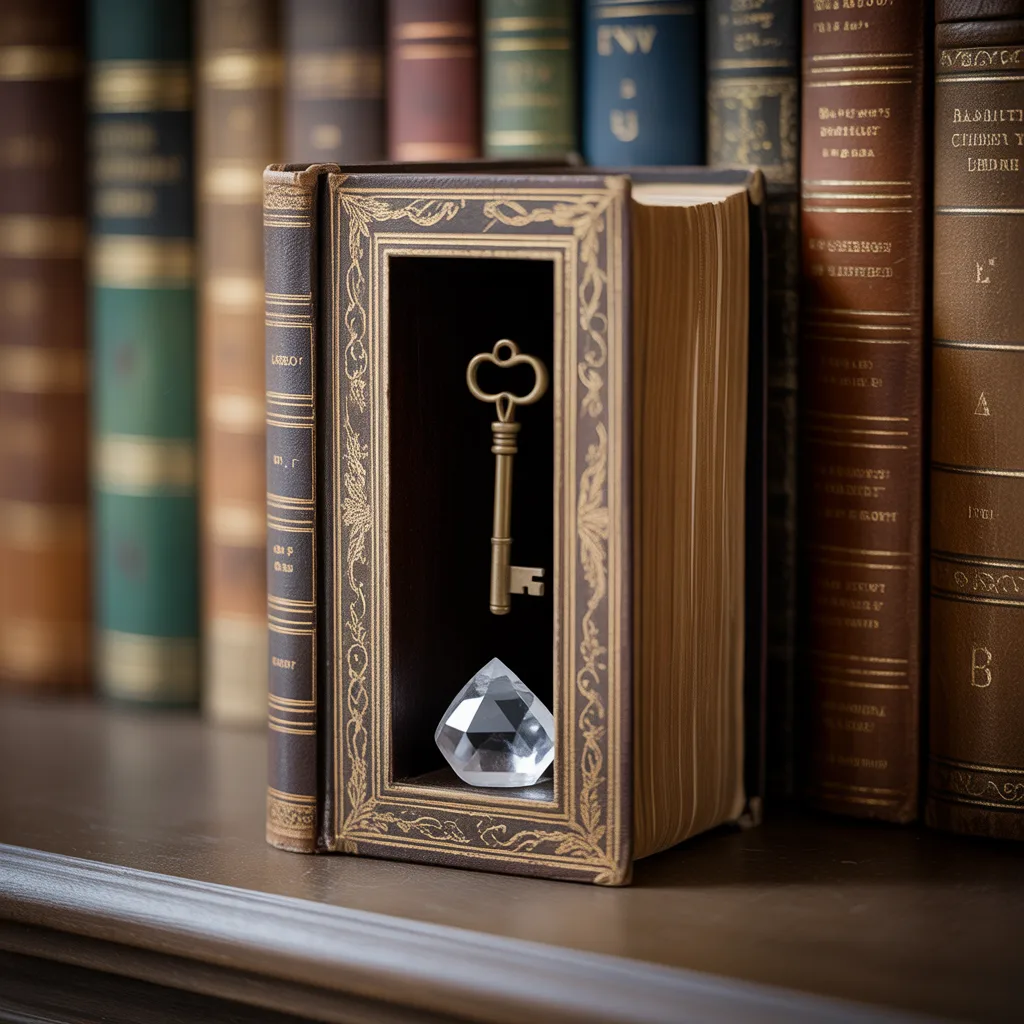 A gorgeous vintage hardcover book hollowed out to create a discreet hidden storage spot for keys and small essentials on a shelf.