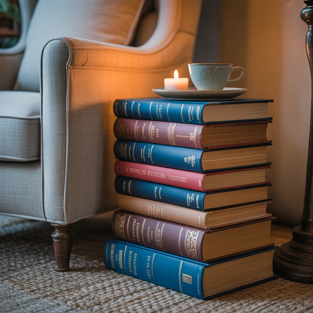 DIY side table made from stacked vintage hardcover books