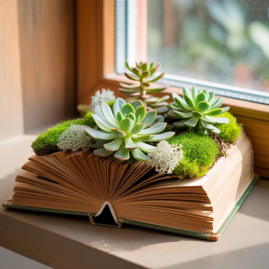 Hollowed vintage book used as a succulent planter on a desk