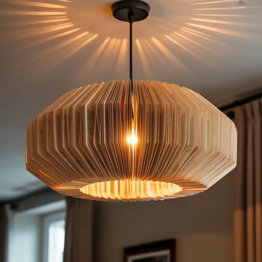 DIY pendant light shade woven from vintage book pages
