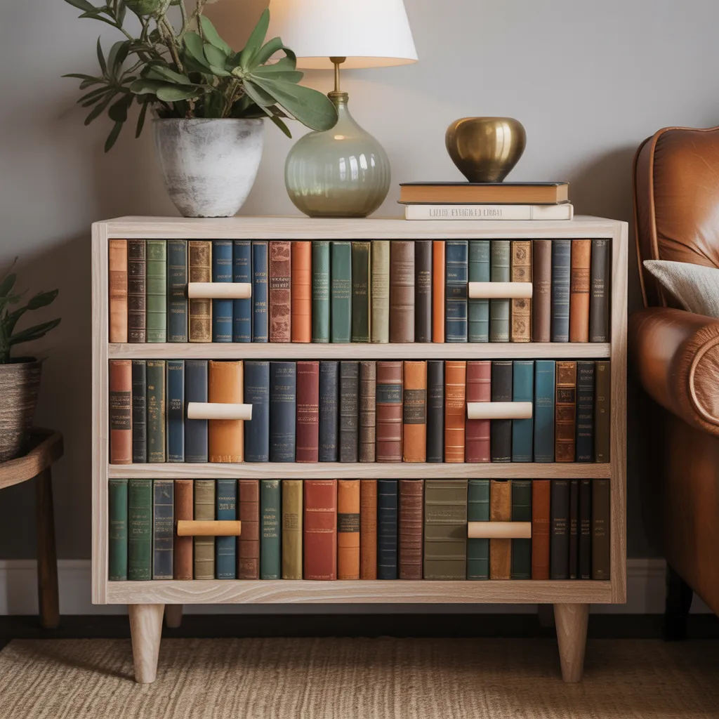 Antique book spines repurposed as drawer pulls on a wooden dresser