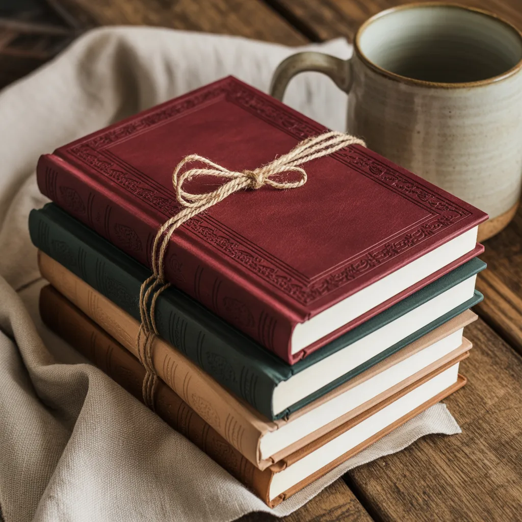A luxurious handmade journal crafted from a repurposed antique book cover with recycled blank pages displayed on a coffee table.