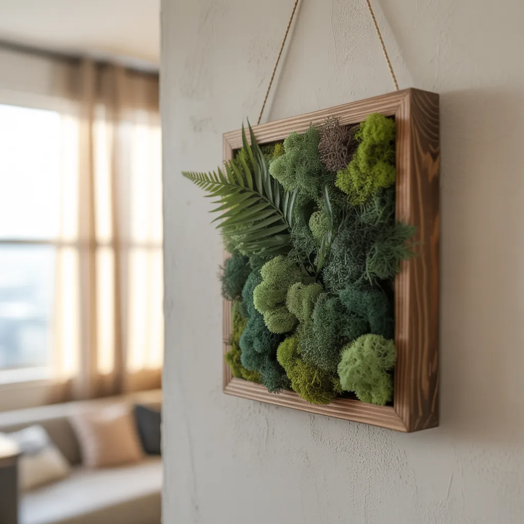 Living moss wall art on reclaimed wood frame for biophilic home decor 2026