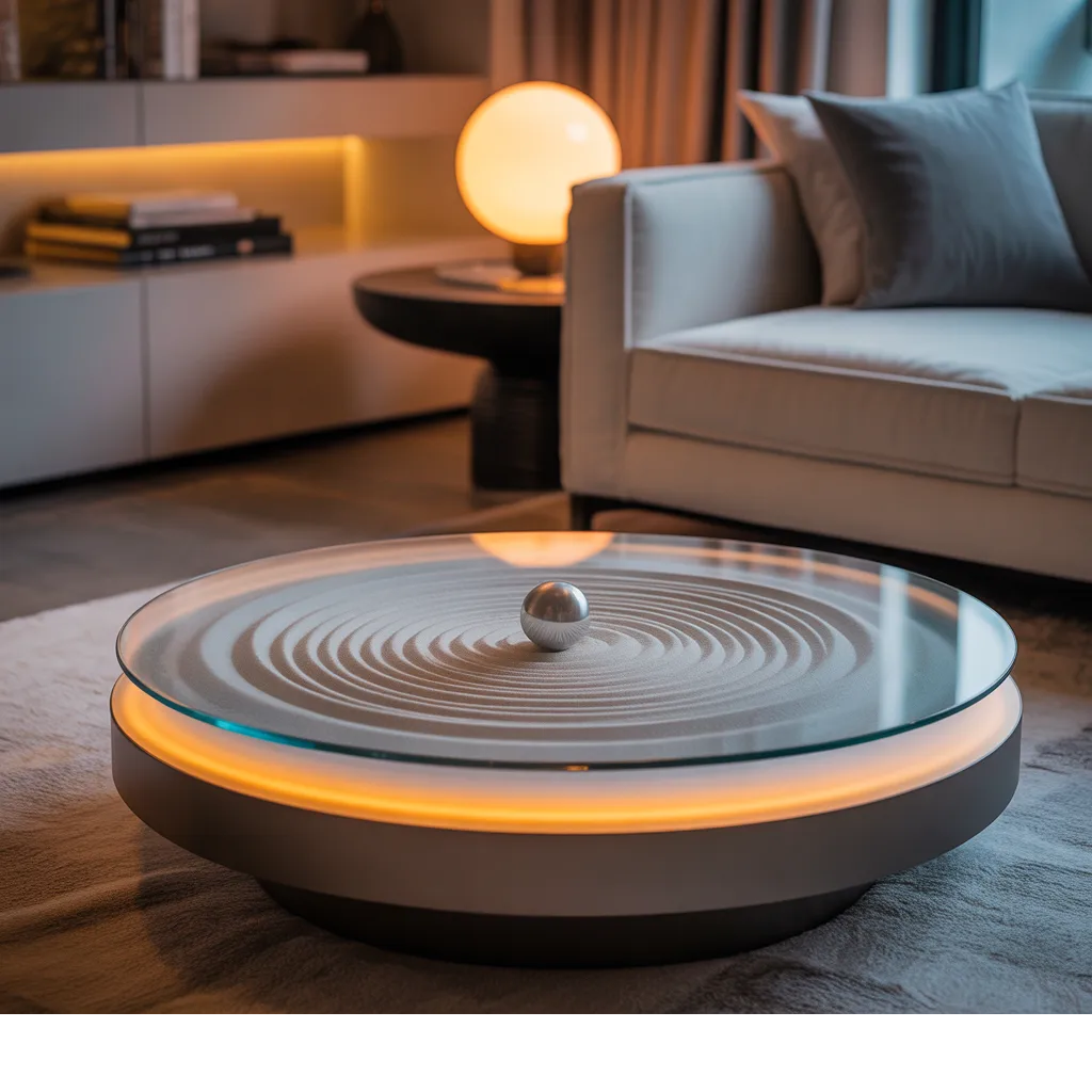 Kinetic sand wellness table with magnetic patterns for slow living decor