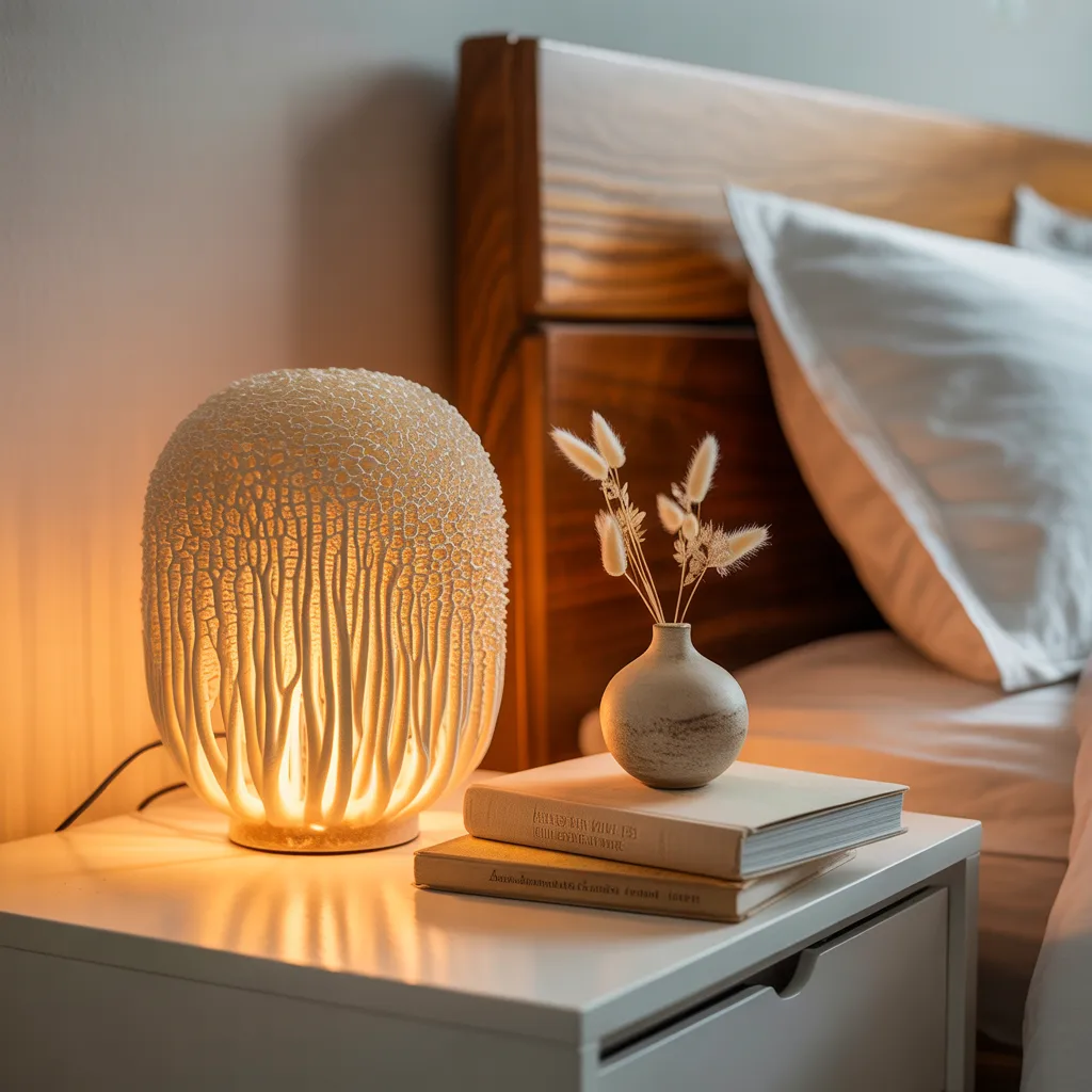 Biodegradable mycelium mushroom lamp glowing amber for sustainable home lighting