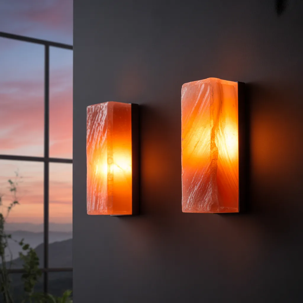 Himalayan salt wall sconce with geometric design for modern wellness bedroom