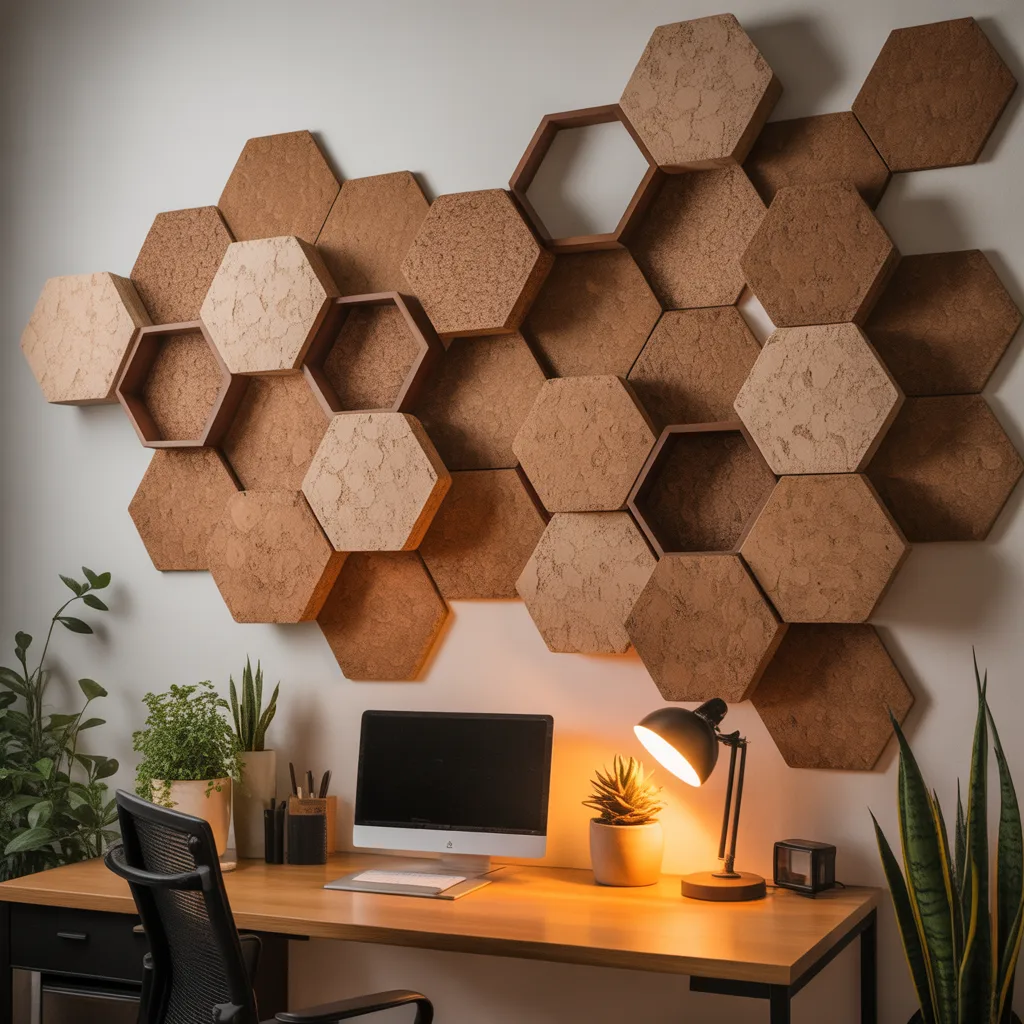 3D cork acoustic panels in hexagon design for sound-proofing home office walls