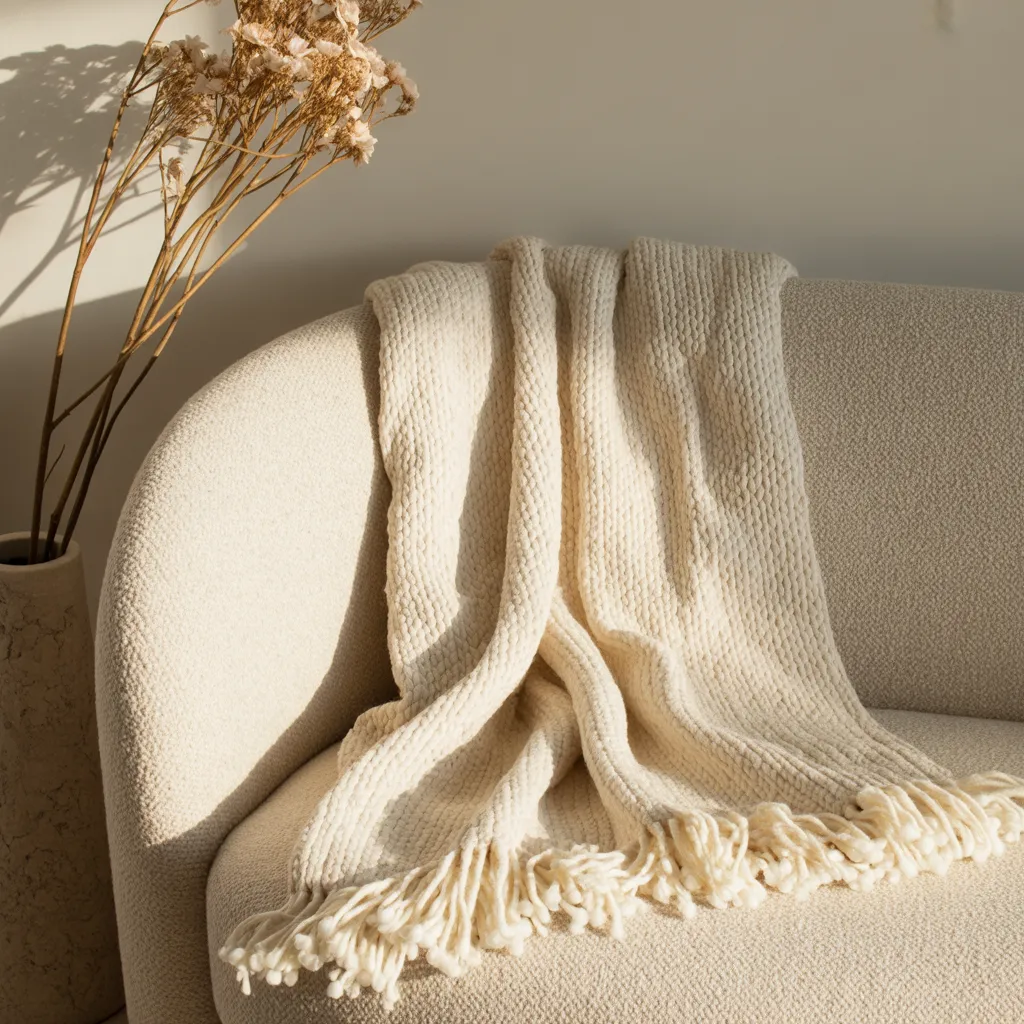 Hand-woven organic cotton textile throw on sofa for cozy natural home styling