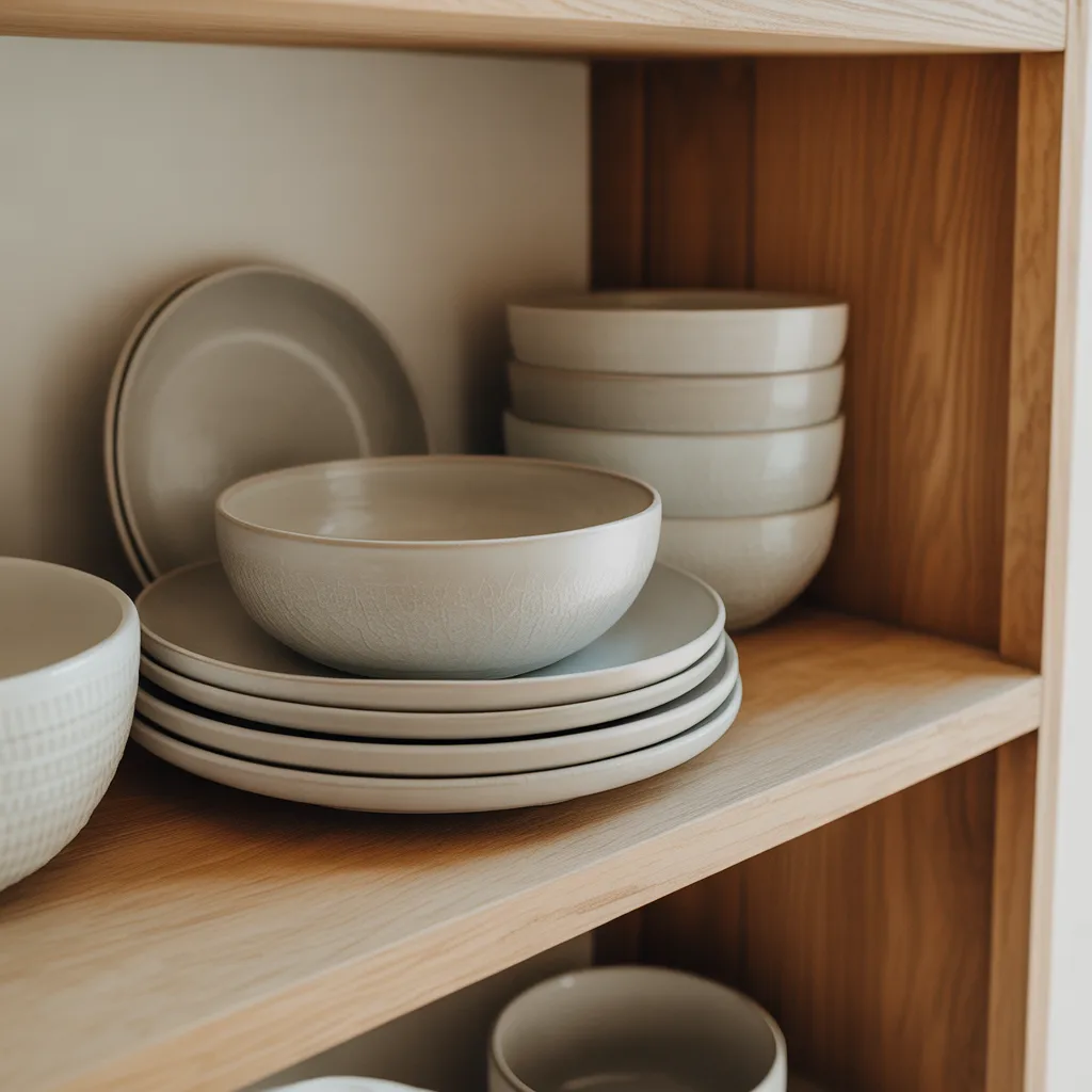 uniform neutral ceramic dishware open shelf kitchen decor