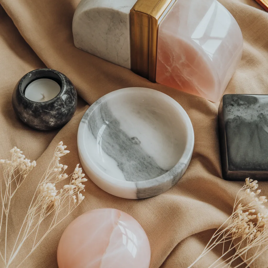 Natural stone accent pieces including travertine and selenite for luxury home decor