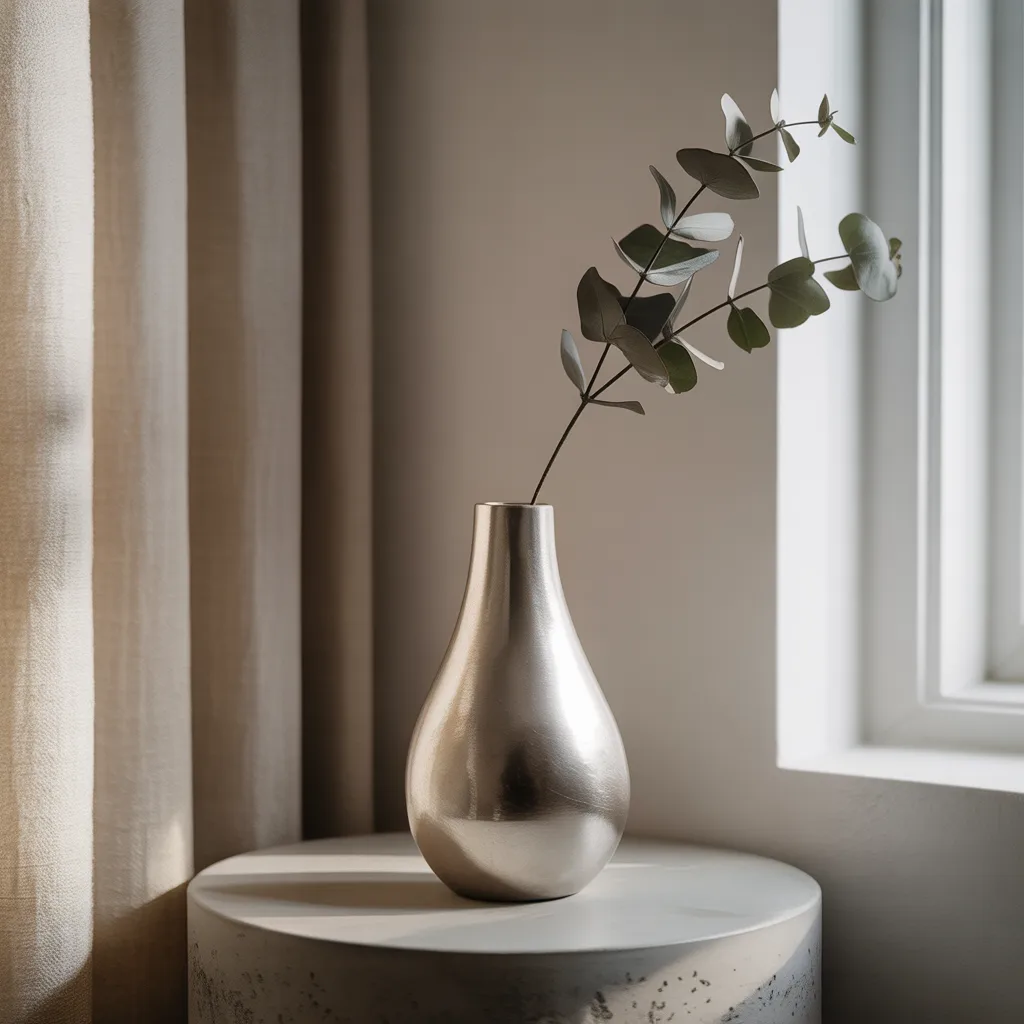 "Sculptural silver vase with dried pampas grass home decor 2026"