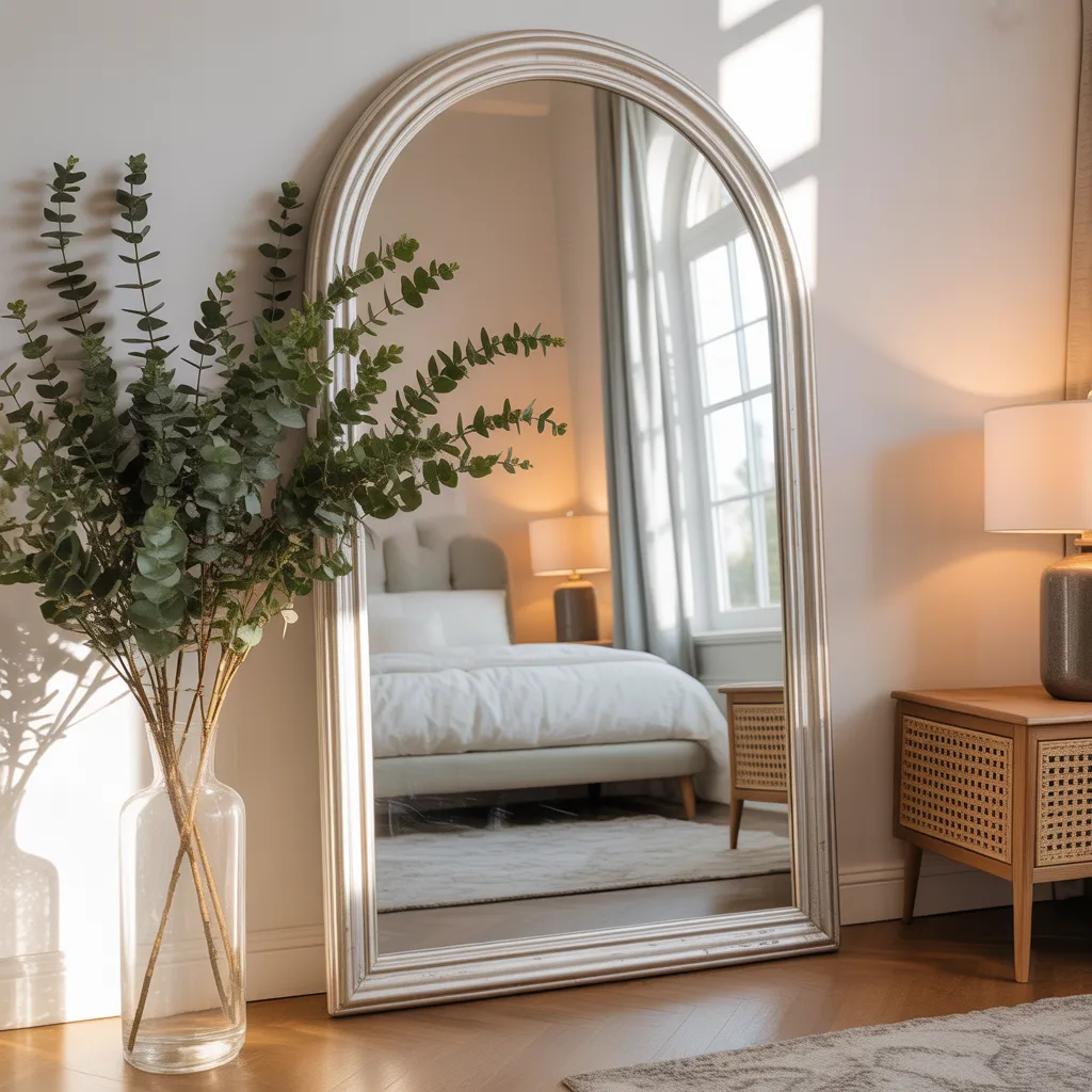 Brushed silver arched mirror in modern living room 2026