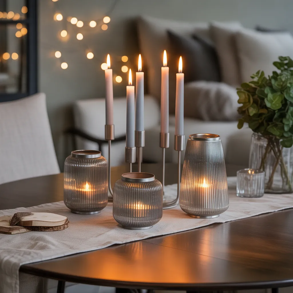 Brushed silver candle holders on decorative table 2026