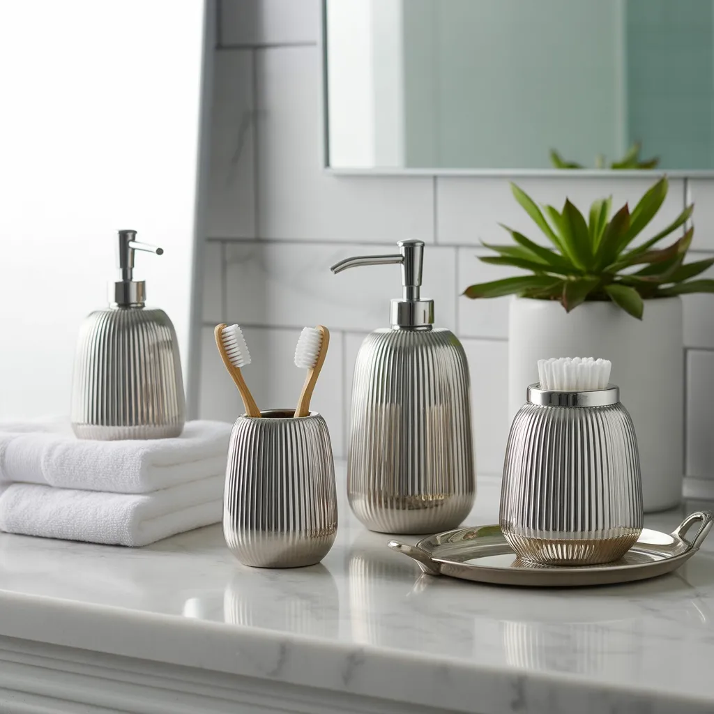 Silver bathroom accessory set with soap dispenser and tray 2026